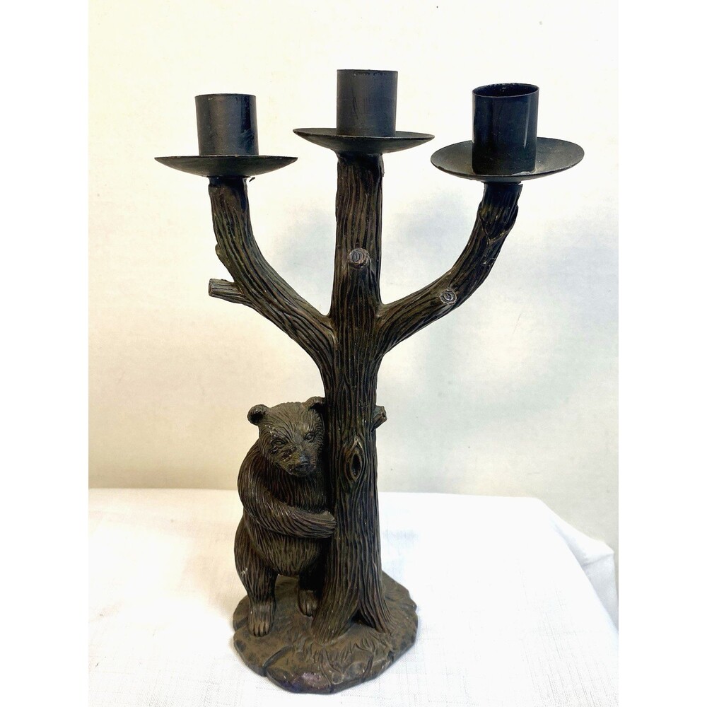 Black Bear Around Tree 11”Candleabrum MCM Candle Holder Rustic Woodland Mancave